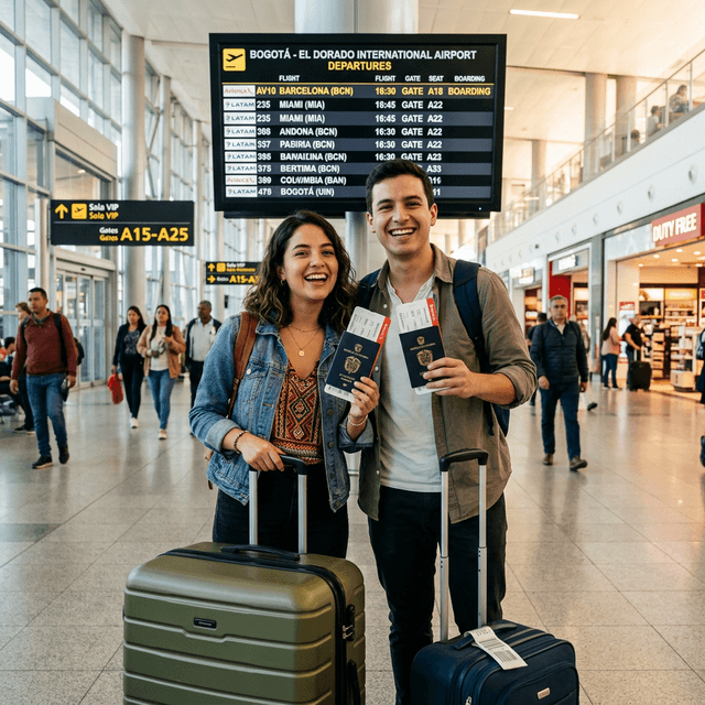 Viajeros colombianos en aeropuerto