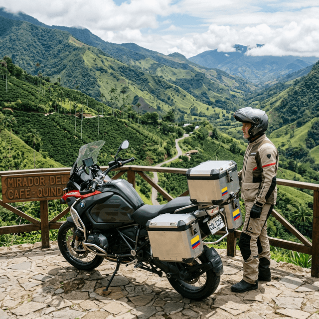 Motociclista en paisaje Eje Cafetero