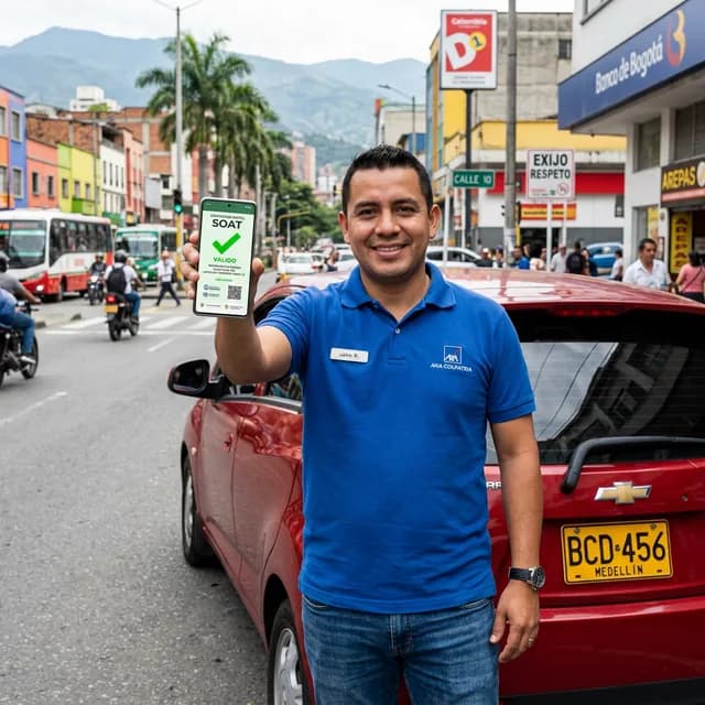 Hombre mostrando un SOAT válido en el celular en una calle colombiana